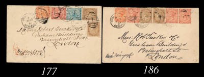 cover 1884 (3 July) envelope (part of reverse torn away) per Flamborough to London, bearing ½d. (2), 1d. (3) and 4d. with three strikes of the Hamilton "1" K3 duplex, London c.d.s. in red on reverse; an attractive double rate Supplementary Mail franking. Photo