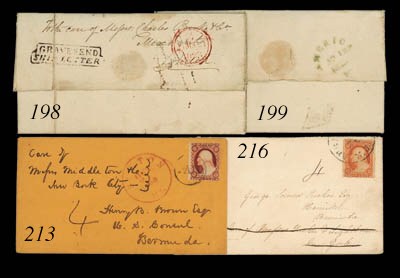 cover 1823 (17 Feb.) "Duplicate" entire letter to the above lot, marked "p Packet" and sent by H.M. Brig Sparrowhawk, rated "2/4" and showing, on reverse, a good strike of the "AMERICA/F" d.s. in green, being one of only a handful of this mark recorded on mail from Bermuda. Photo