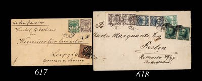 cover 1892 (Aug.) envelope to Germany bearing 1890-92 perf. 12x11½ ½d. and 1d. (corner fault) tied by Apia c.d.s. in deep blue (another stamp is missing), in combination with U.S. 5c. tied by cork obliterator and showing, on reverse, San Francisco and arrival c.d.s. Photo