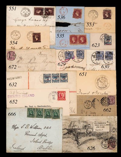 cover -- "5d" on 4d. blue tied by Apia c.d.s. on 1894 (28 Feb.) envelope to San Francisco and showing arrival c.d.s. on reverse. Photo