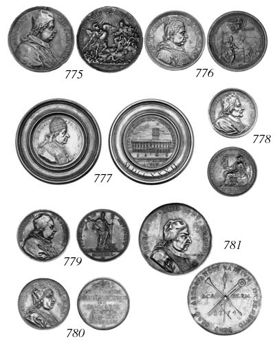 Michangelo Dei Conti, Innocent XIII (1721-23), by Ermenegildo Hamerani, dated 1721, bust left wearing Mozzetta, camauro and stole, rev. Saint Michael driving out Satan to left, the Church seated amid clouds to right, dated in exergue, 48mm. (Forrer II,369; L.1684), edge pierced and marked from a mount, only fine, scarce