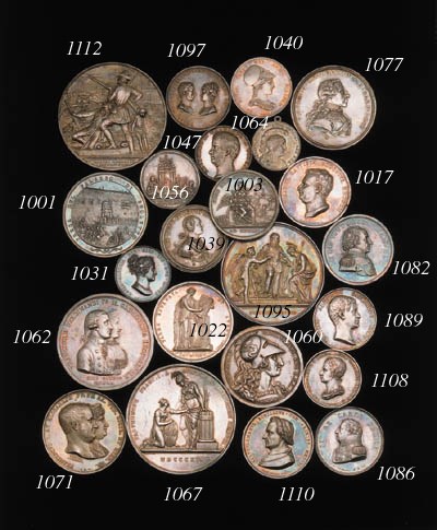 Ferdinand IV, Marriage of Francis, Duke of Calabria, and Clementina, 1797, large silver medal by Domenico Perger, conjoined busts of Francis and Clementina right, rev. Cupid and Hymen standing by an altar, Minerva seated to left, Abundantia seated to right, in the distance a coastal scene with four ships of the line, 71mm., 194.17g. (Ricc.53), on a thick flan (5mm.), about extremely fine, old toning, very rare