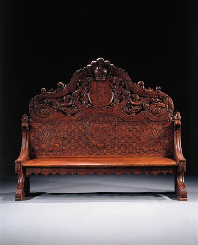A Dutch stained oak and pine hall bench
