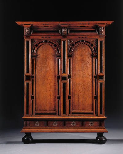 A Dutch oak and ebony cupboard "toogkast"