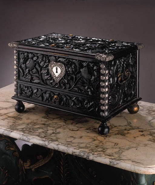 A Dutch colonial silver, metal and brass mounted ebony chest