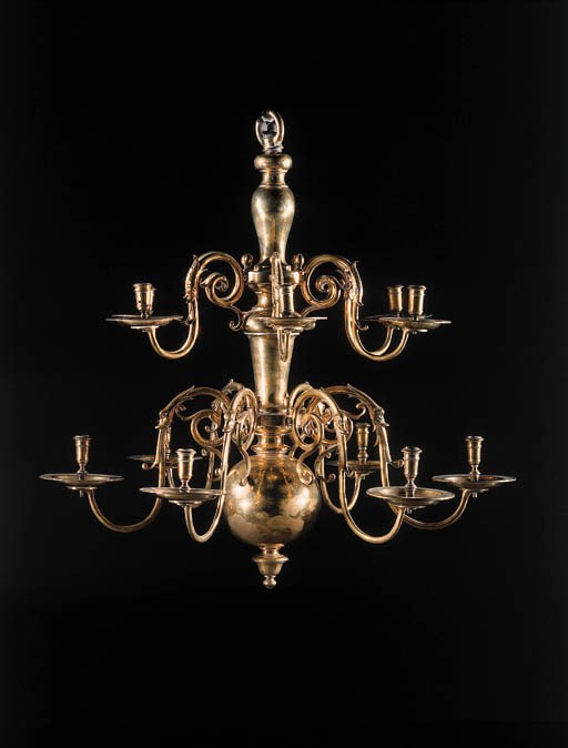 A Dutch brass twelve-light chandelier