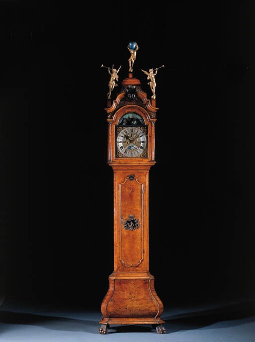 A Dutch burr walnut automaton longcase clock with strike and alarm