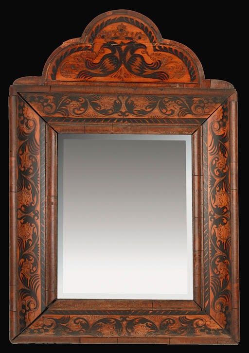 A WILLIAM AND MARY WALNUT AND MARQUETRY MIRROR