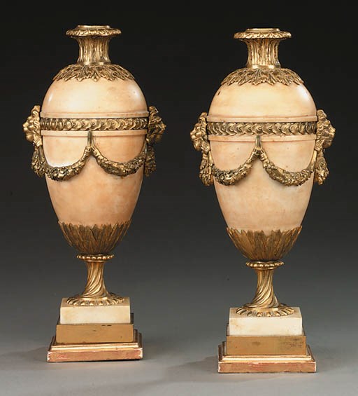 A PAIR OF ORMOLU-MOUNTED WHITE MARBLE URN LAMPS