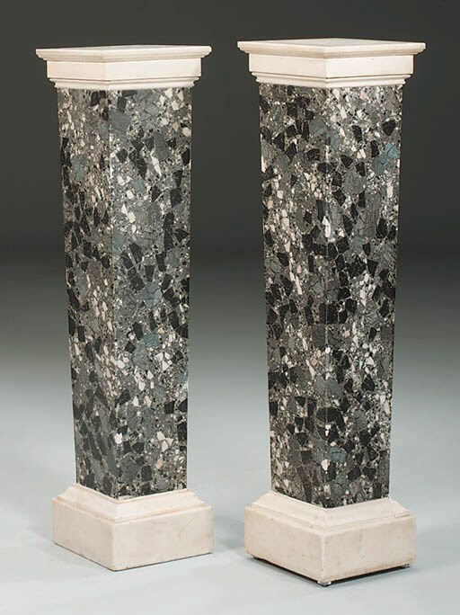 A PAIR OF GREY BRECHE SCAGLIOLA, WHITE MARBLE AND PLASTER PEDESTALS