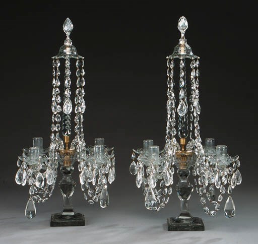 AN ASSEMBLED PAIR OF FOUR-BRANCH GLASS CANDELABRA