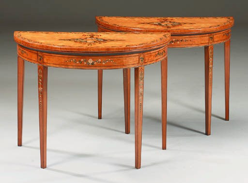 A PAIR OF GEORGE III POLYCHROME-DECORATED SATINWOOD CARD-TABLES