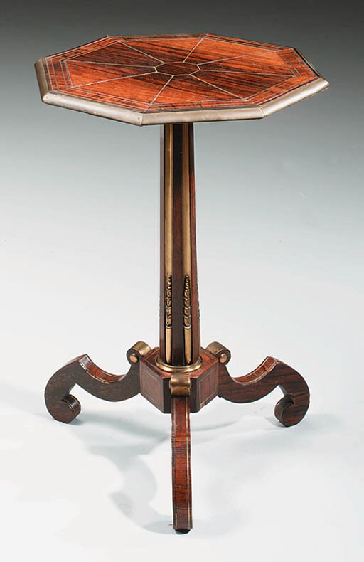 A REGENCY BRASS-MOUNTED AND BRASS-INLAID ROSEWOOD TRIPOD TABLE