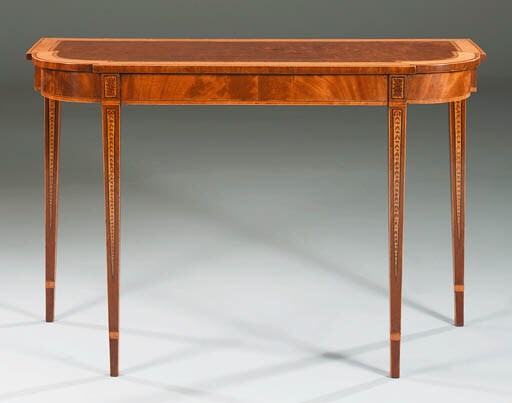 A GEORGE III MAHOGANY AND DECORATED BREAKFRONT SIDE TABLE