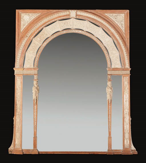 A VICTORIAN PINE AND PLASTER OVERMANTEL MIRROR