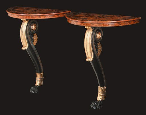A PAIR OF PARQUETRY, BRONZED AND PARCEL-GILT CONSOLE TABLES