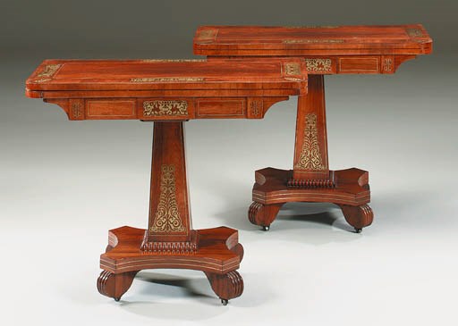 A PAIR OF REGENCY BRASS-INLAID ROSEWOOD CARD-TABLES