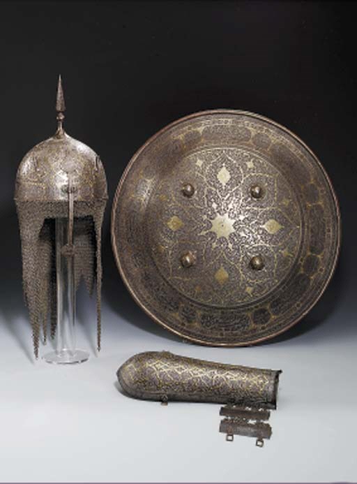 A QAJAR HELMET, SHIELD AND ARMGUARD