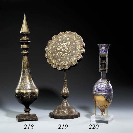 A QAJAR ENAMELLED SILVER WATER PIPE (NARGILEH)