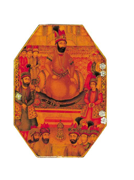 A FINE ZAND PAPIER MACHE POLYCHROME LACQUER OCTAGONAL MIRROR CASE