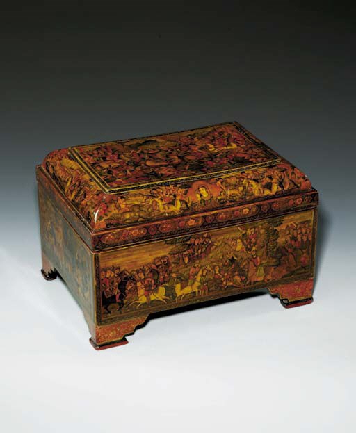 A QAJAR POLYCHROME LACQUER PAPIER MACHE CASKET