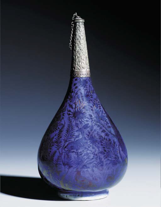 A SAFAVID ARMENIAN LUSTRE PAINTED COBALT BLUE GLAZED SOFT PASTE PORCELAIN BOTTLE