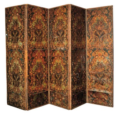 A five fold close-studded, painted and embossed leather screen