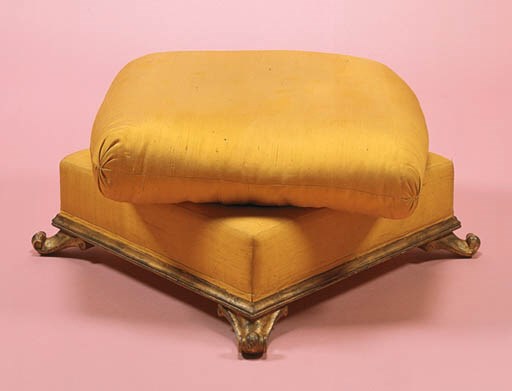 A RUBELLI-SILK UPHOLSTERED, GILTWOOD OTTOMAN