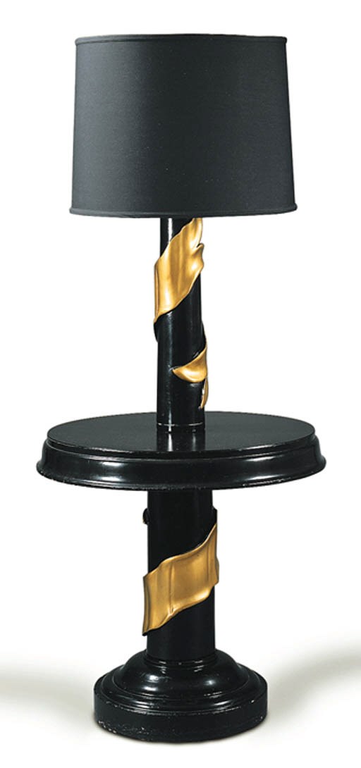 A PAIR OF PARCEL-GILT, COMPOSITION, LAMINATED AND EBONIZED WOOD LAMP TABLES