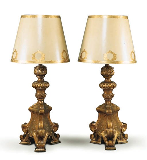 A PAIR OF MONUMENTAL GILT-PAINTED, COMPOSITION TABLE LAMPS