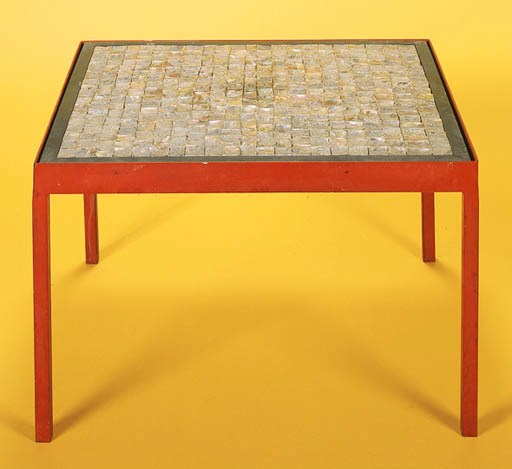 A PAINTED METAL AND ABALONE COFFEE TABLE