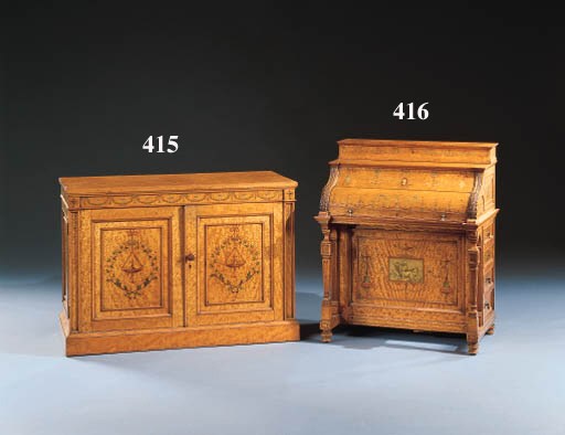 AN EDWARDIAN SATINWOOD AND POLYCHROME-DECORATED SIDE CABINET