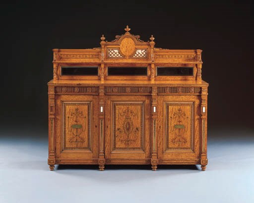 AN EDWARDIAN PARCEL GILT SATINWOOD AND POLYCHROME-DECORATED SIDEBOARD