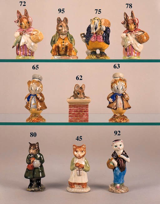 'Benjamin Bunny', 'Susan', 'Little Pig Robinson', 'Tom Kitten', 'Miss Moppet', 'Peter Rabbit', 'Johnny Town-Mouse', 'Mr Jeremy Fisher', 'The Old Woman who lived in a shoe', 'Tabitha Twitchit', 'Miss Moppet' and 'Sally Henny Penny'