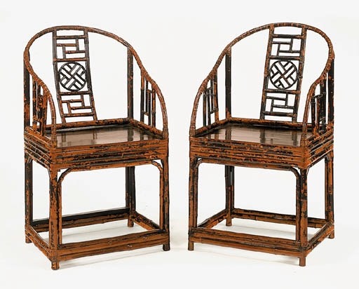 A Pair of Spotted Bamboo and Softwood Horseshoeback Armchairs, Quanyi