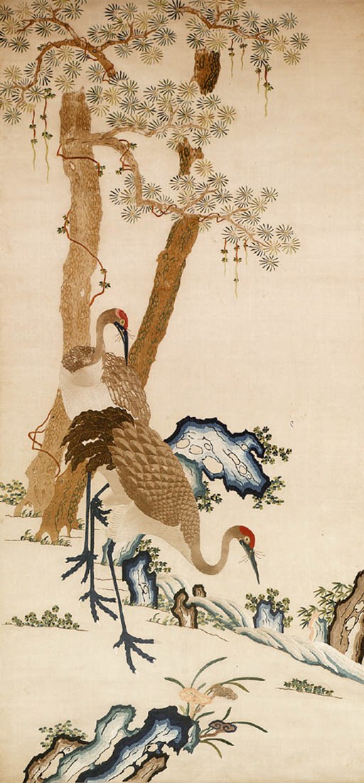 A Large Embroidered Silk Hanging Scroll