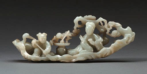 A Pale Celadon Jade Carving of Figures in a Log Boat