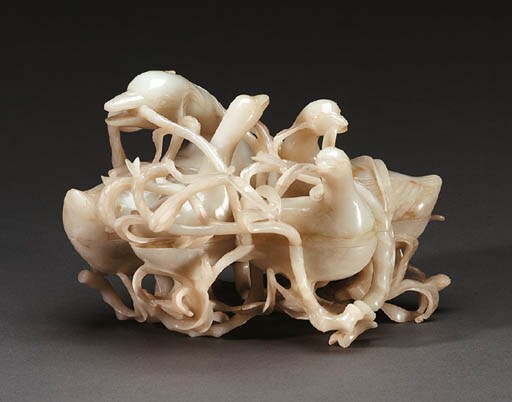 A Well-Carved White and Pale Russet Jade Box of Duck Form