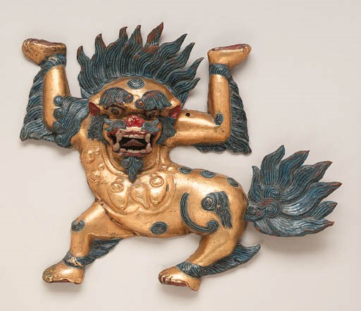 A Large Gilt Copper Repouss Mythical Lion