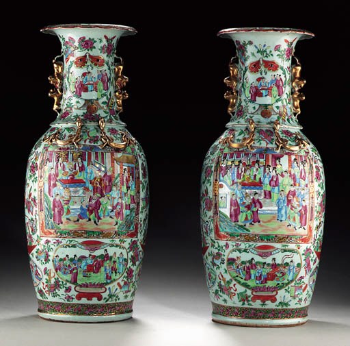 A LARGE PAIR OF CANTON FAMILLE ROSE VASES