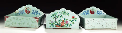 THREE LARGE SQUARE FAMILLE ROSE BASINS