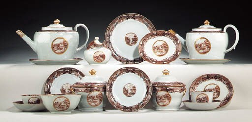 A SEPIA AND GILT TEA SERVICE