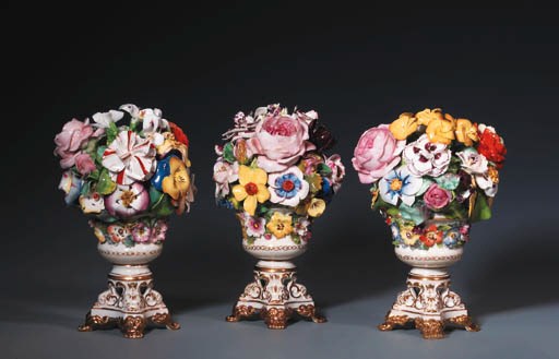 A garniture of three Derby flowerpots
