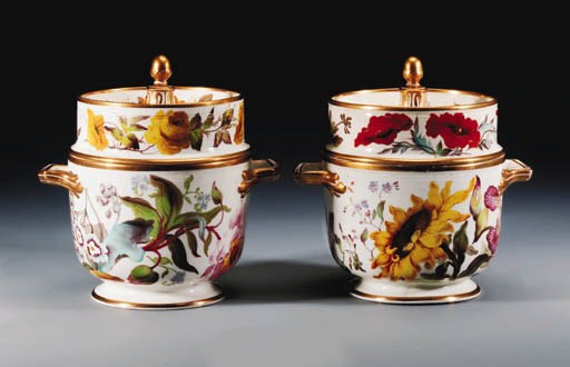A pair of Derby botanical ice-pails and covers painted by William 'Quaker' Pegg