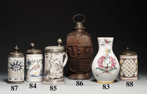 A Creussen stoneware pewter-mounted hexagonal flask