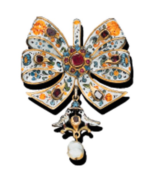 AN ENAMEL, RUBY AND PEARL RIBBON BOW PENDANT