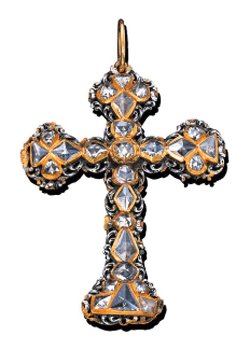 A DIAMOND, GOLD AND ENAMEL LATIN CROSS