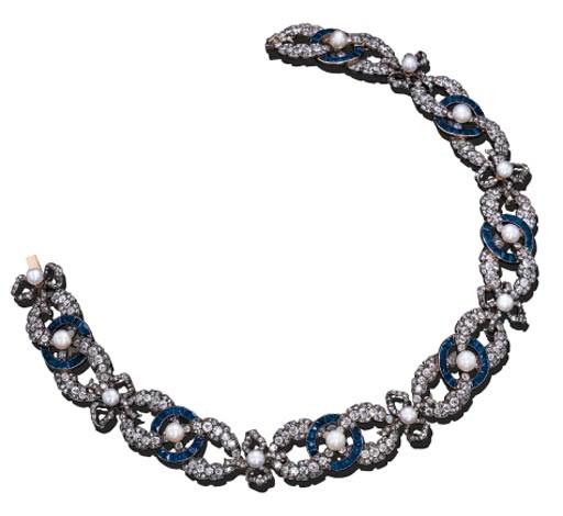 A DIAMOND, PEARL AND SAPPHIRE NECKLACE