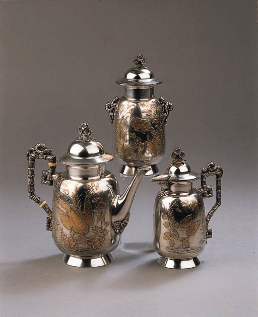 An unusual Dutch silver 'chinese style' three-piece tea service