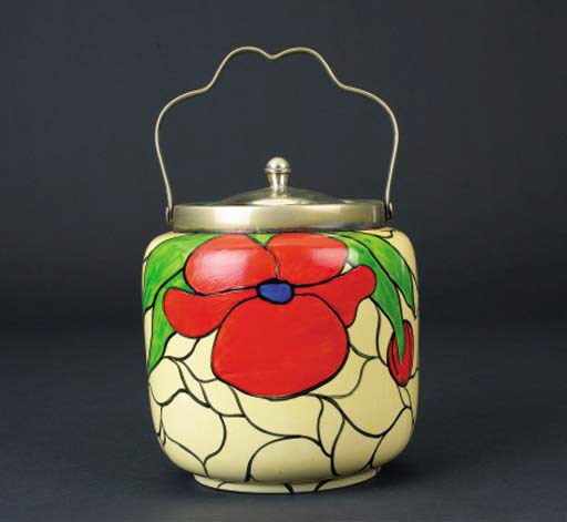 'Scarlet Flower' a  'Bizarre' biscuit barrel with plated cover